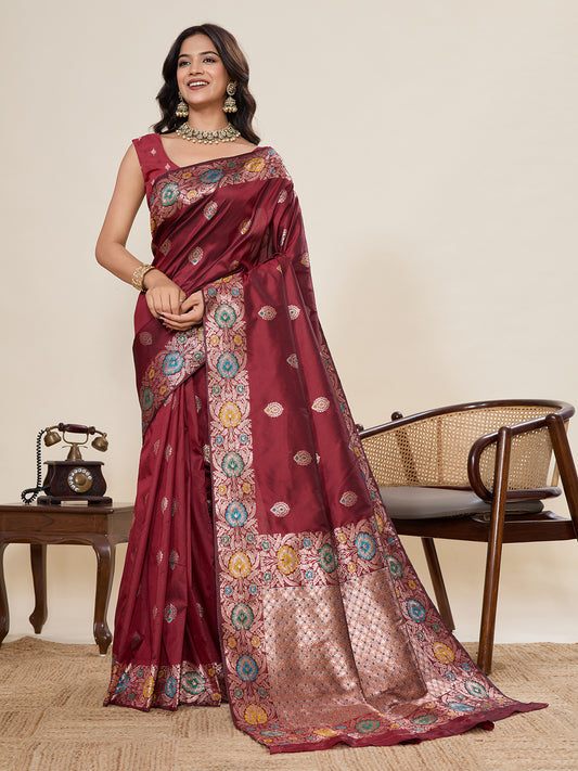 Traditional Maroon Color Jacquard Silk Saree With Zari Work