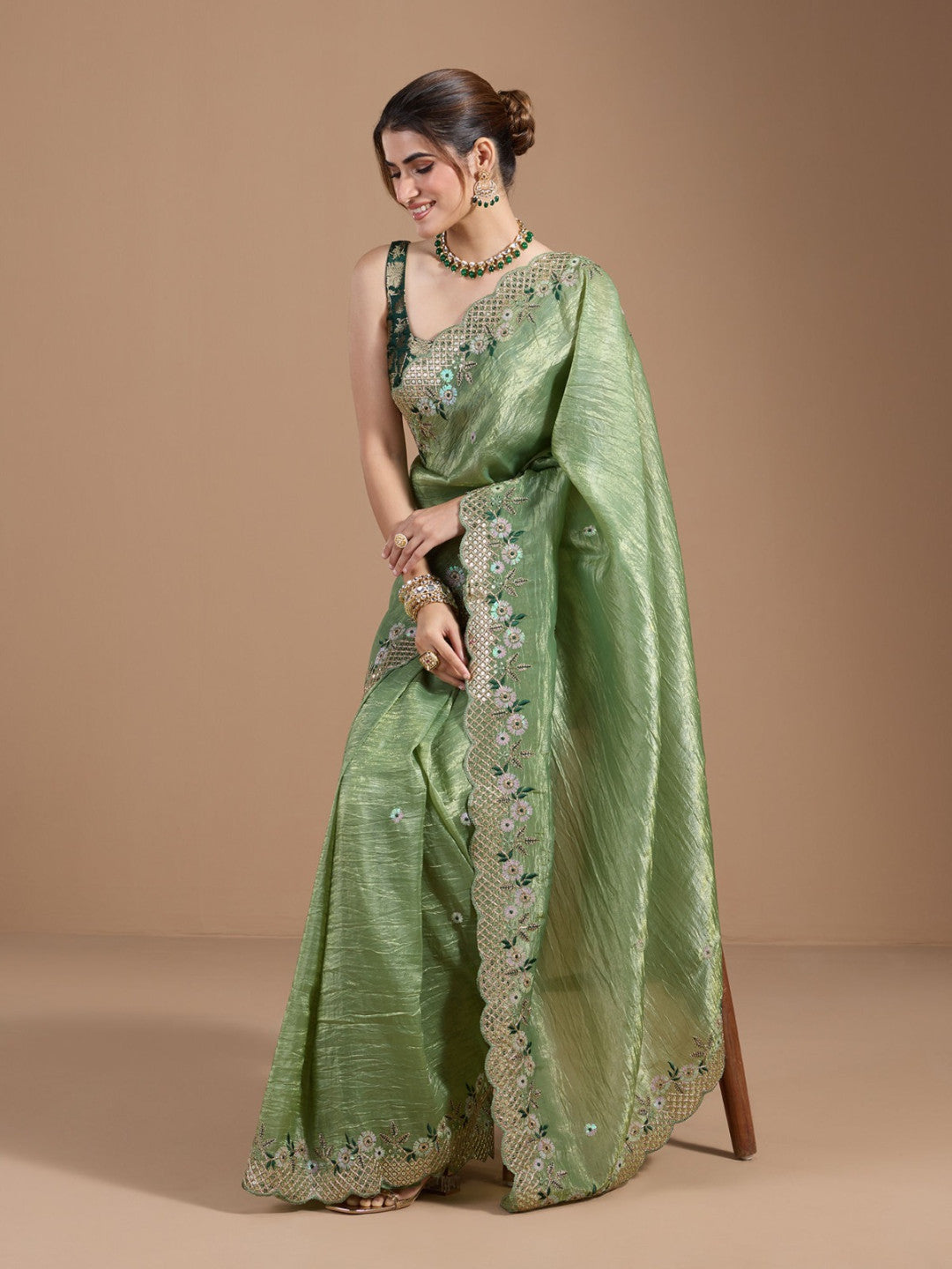 Green Gold Crush Silk Saree With Thread Sequence Work With Beautiful Cutting Border