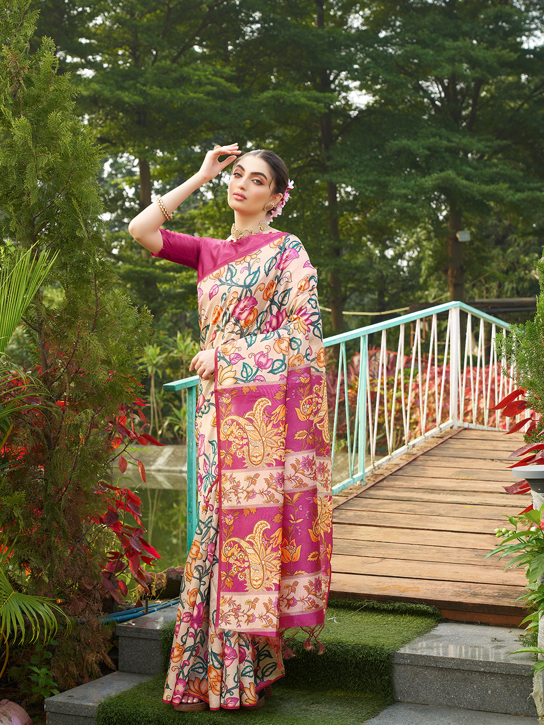 Rani Pink Kalamkari Printed Designer Tussar Silk Saree