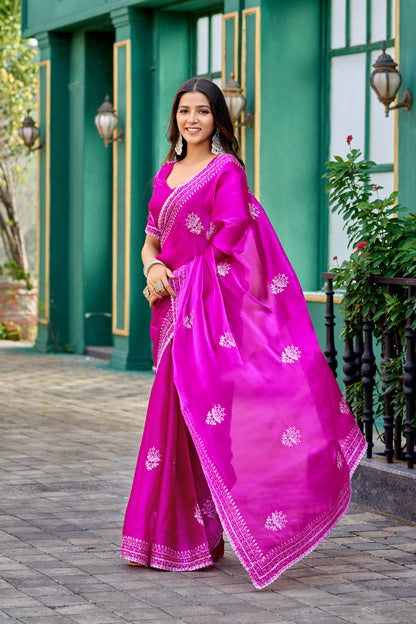 Rani Pink Fancy Shimmer Chiffon Saree With Embroidery Work