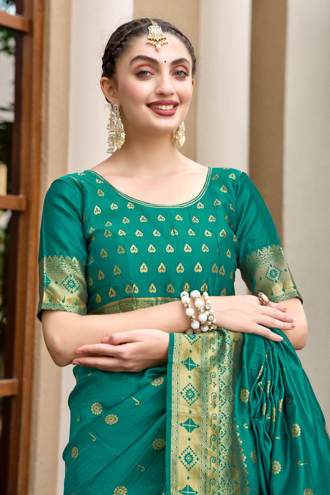 Traditional Rama Green Paithani Silk Saree With Zari Weaving Work