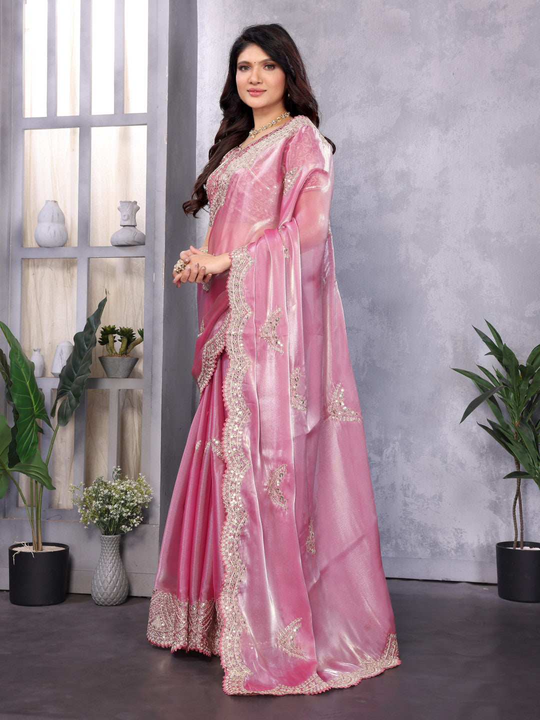 Baby Pink Fancy Shimmer Chiffon Saree With Embroidery Work
