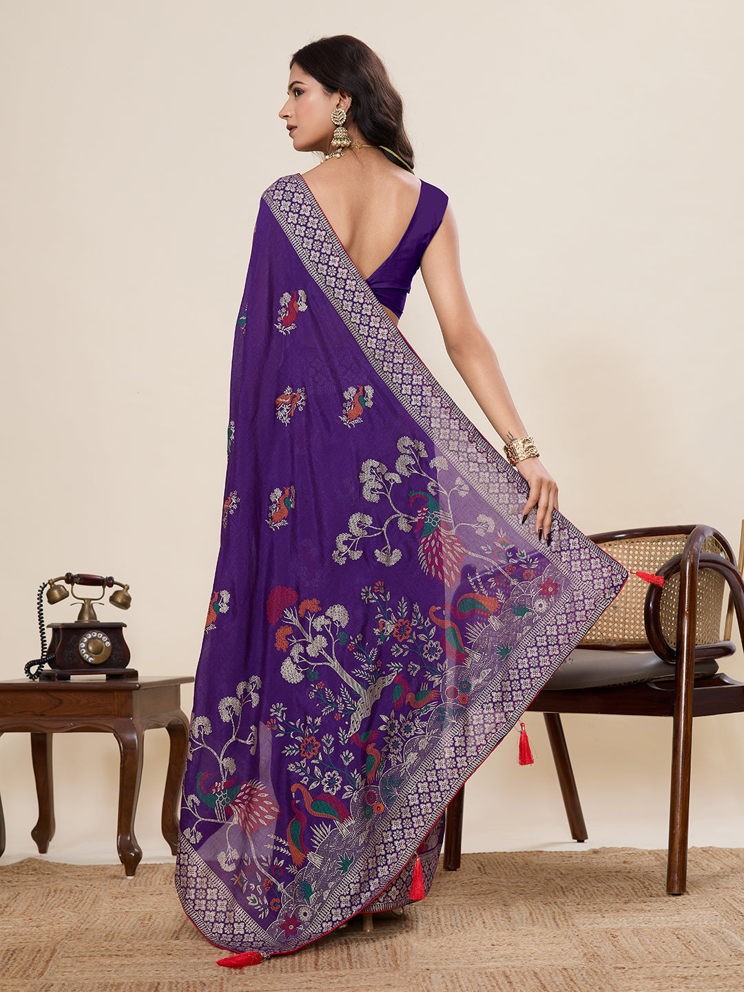 Purple Cotton Saree With Table Printed And Foil Work With Pipeing Border