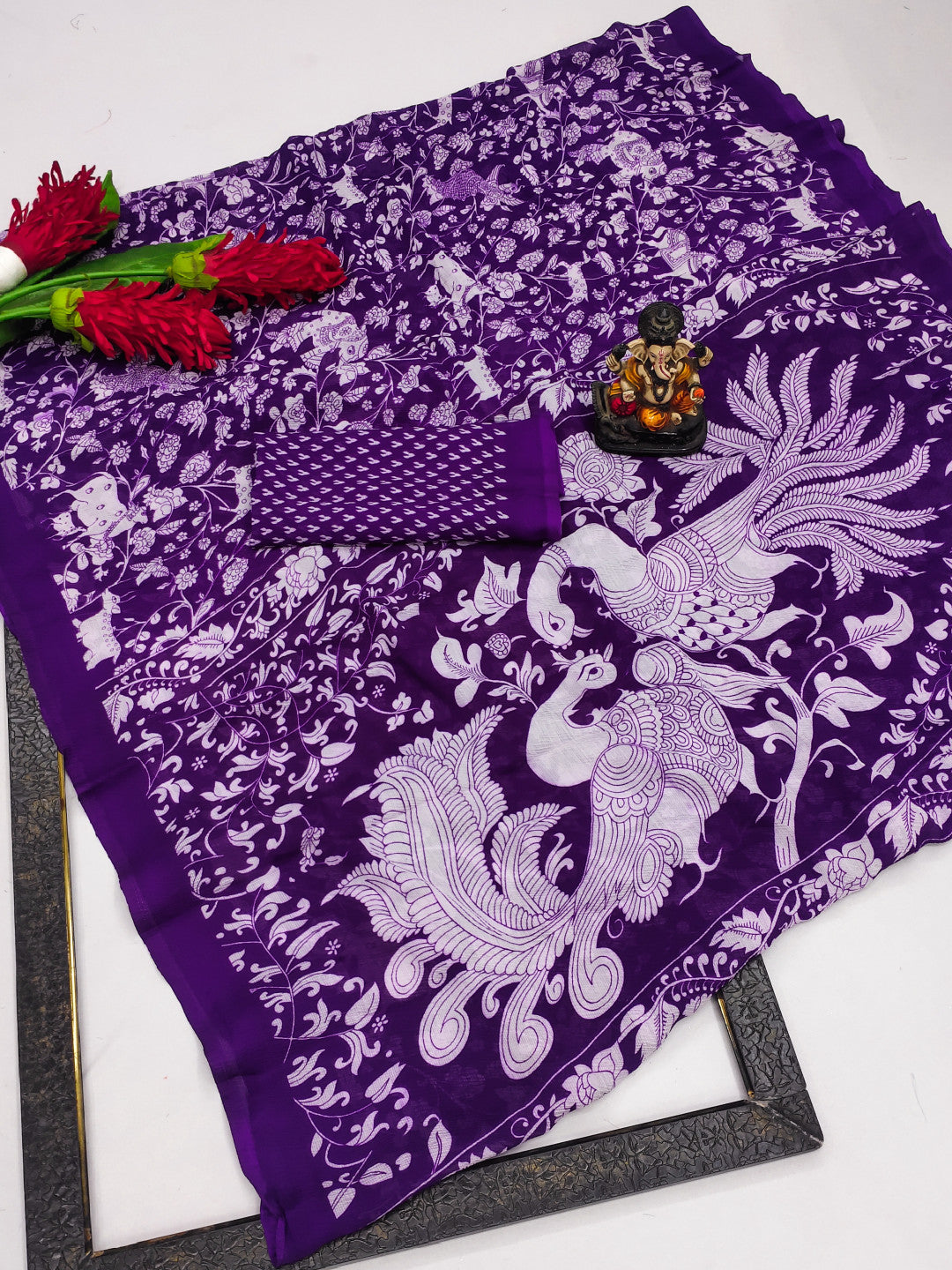 Purple Soft Crush Chinnon Silk Saree With Allover Kalamkari Printed Design