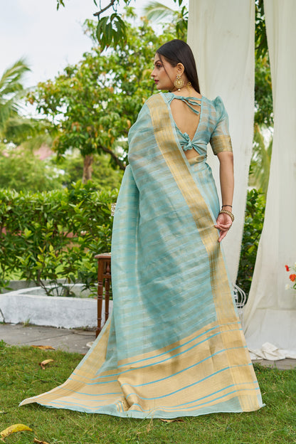 Sky Blue Colour Linen Cotton Saree With Zari Weaving Border