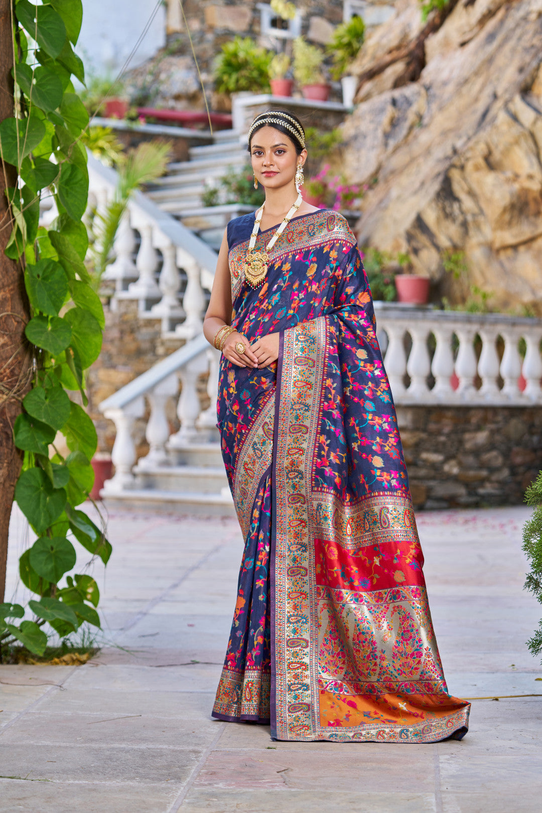 Navy Blue Color Banarasi Silk Saree With Zari Weaving Work