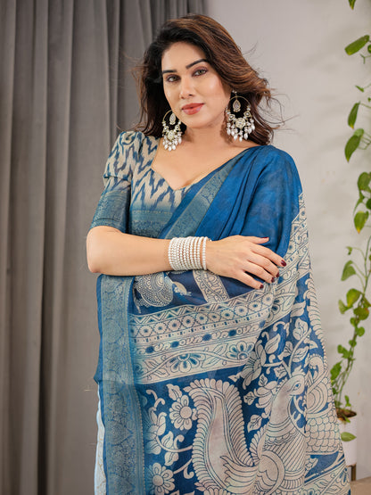 Royal Blue Kalamkari Digital Printed Linen Cotton Saree