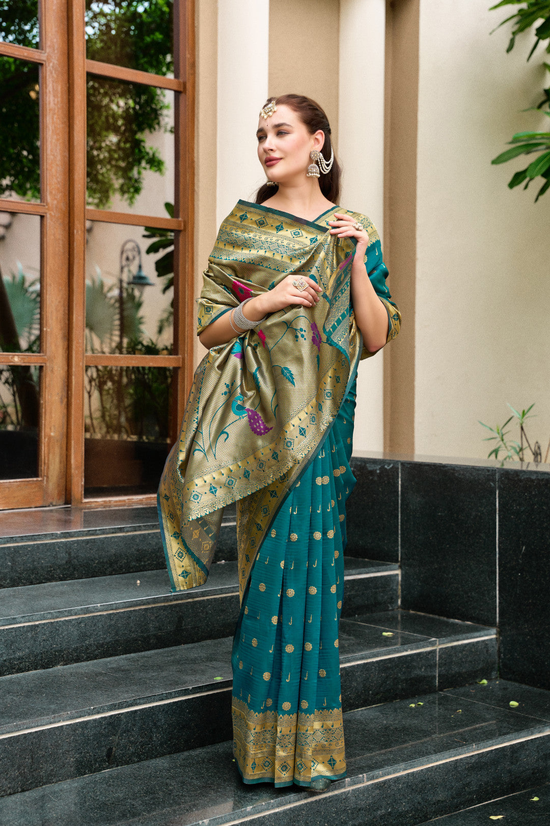 Traditional Morpeach Paithani Silk Saree With Zari Weaving Work