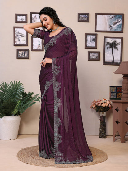Fancy Wine Rangoli Silk Saree With Diamond Work