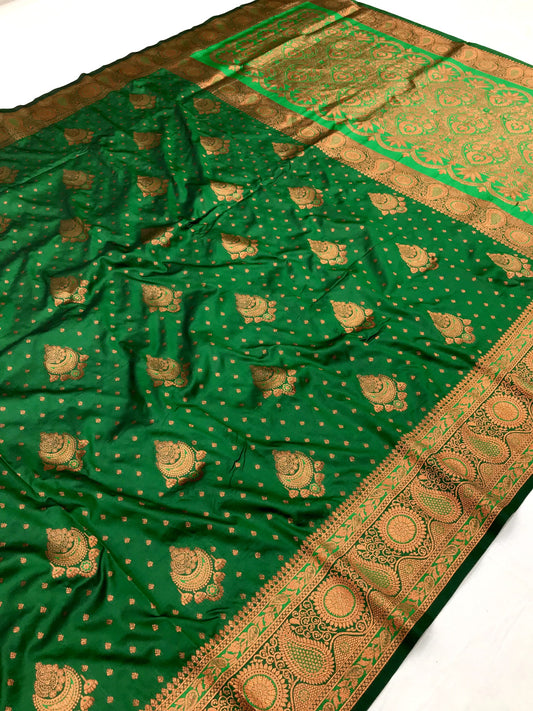 Green Elegant Banarasi Silk Saree With Copper Zari Woven Work