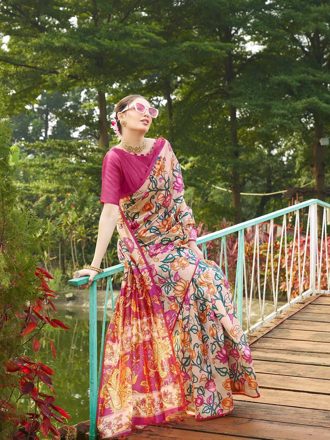 Rani Pink Kalamkari Printed Designer Tussar Silk Saree