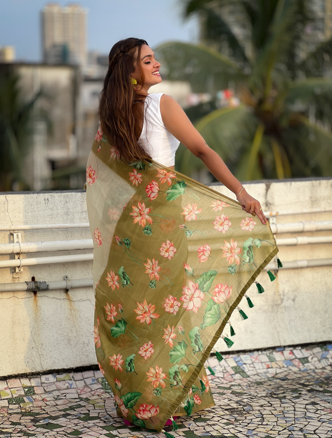 Mahendi Green Pichwai Printed Chanderi Cotton Saree