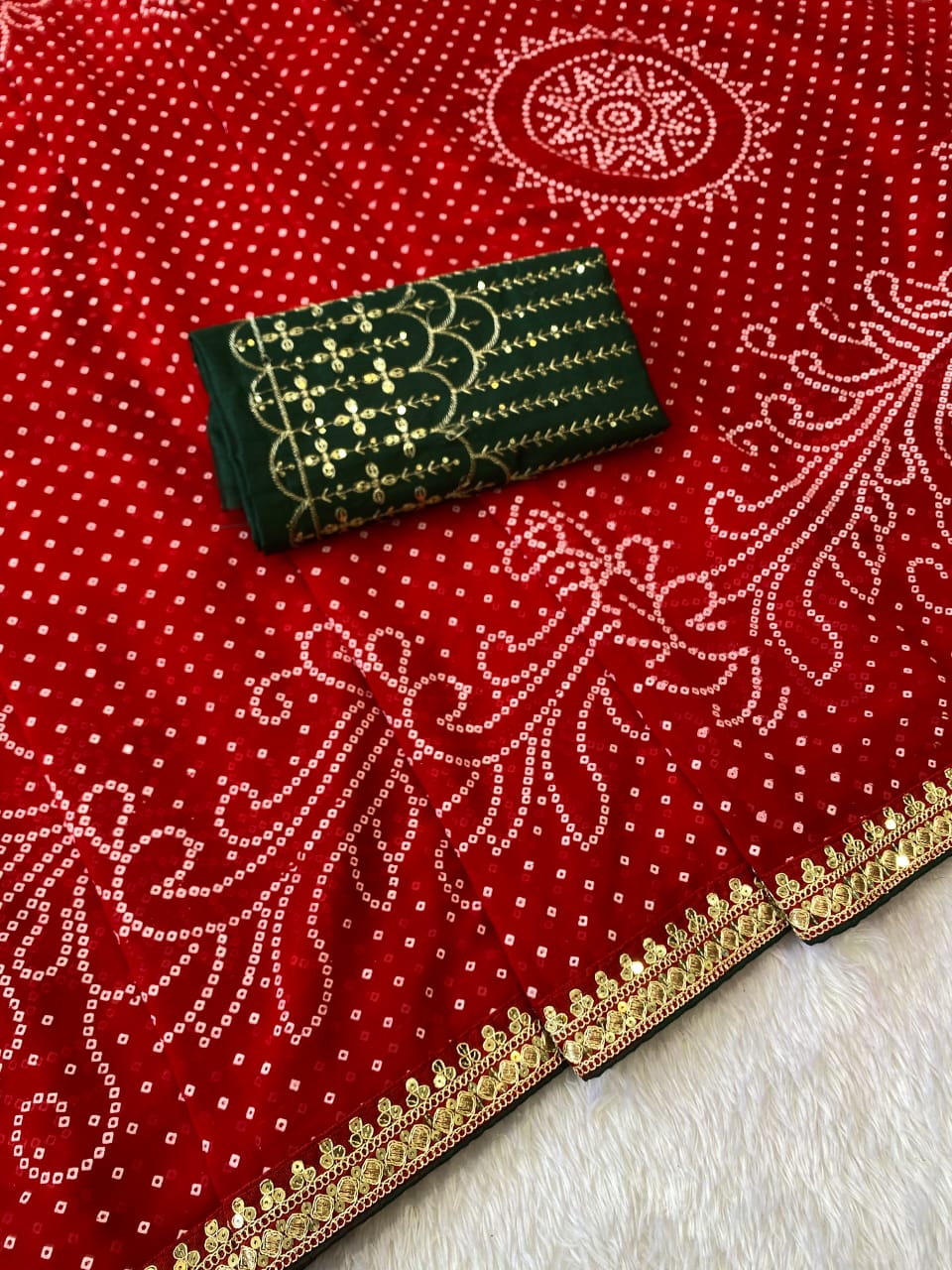 Red Color Georgette Bandhani Saree With Foil Print Work