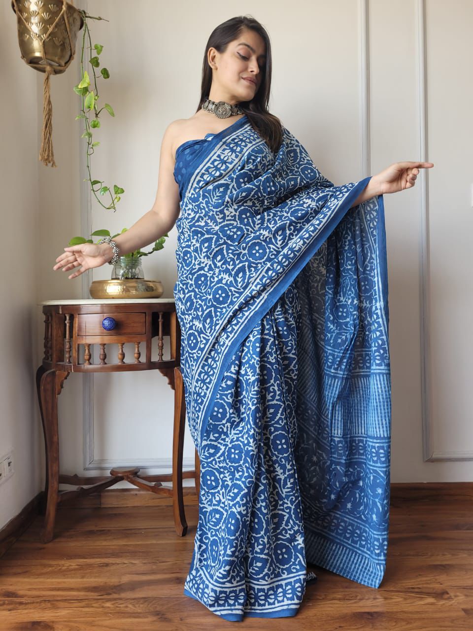 Royal Blue Soft Linen Cotton Saree With Digital Printed Work