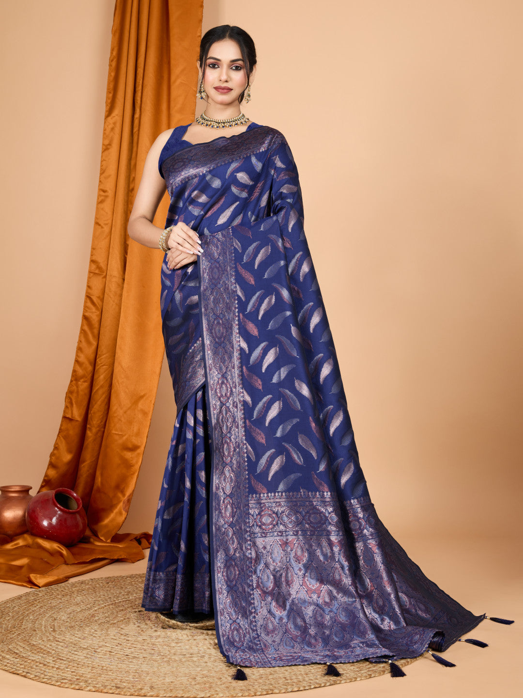 Navy Blue Traditional Banarasi Silk Saree With Zari Weaving Work
