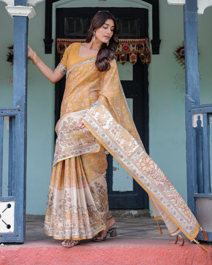 Kalamkari Digital Printed Linen Cotton Saree