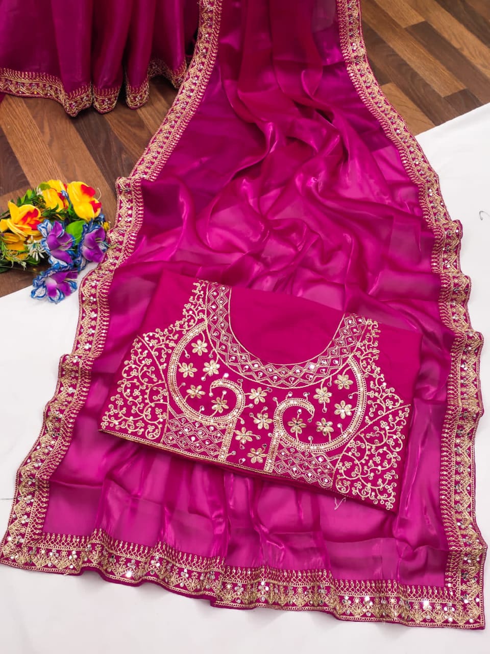 Pink Fancy Jimmy Choo Satin Silk Saree With Embrodery & Sequence Work