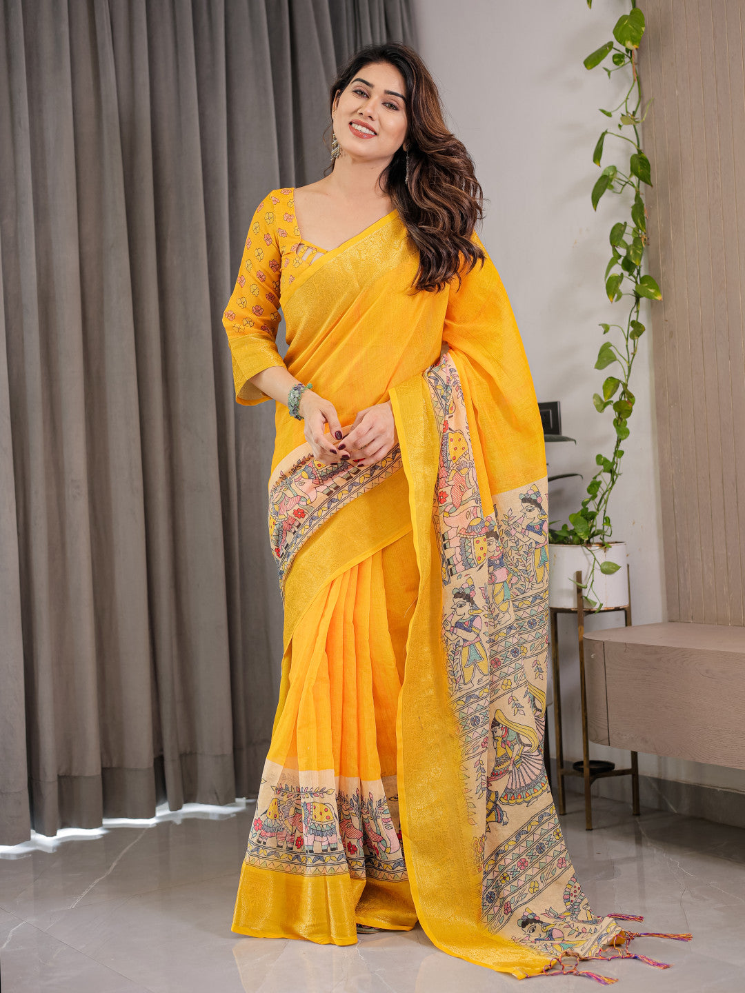 Yellow Kalamkari Digital Printed Linen Cotton Saree