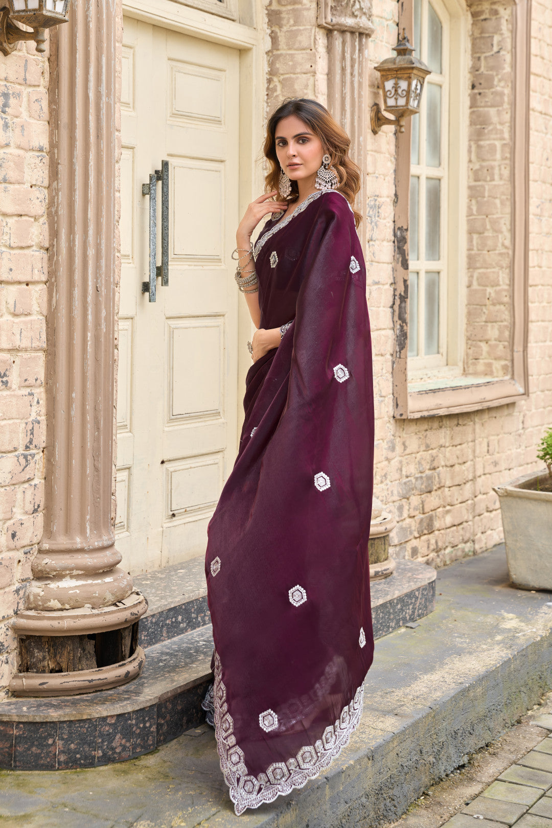 Wine Fancy Shimmer Chiffon Saree With Embroidery Work