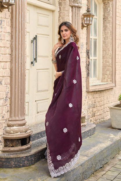 Wine Fancy Shimmer Chiffon Saree With Embroidery Work