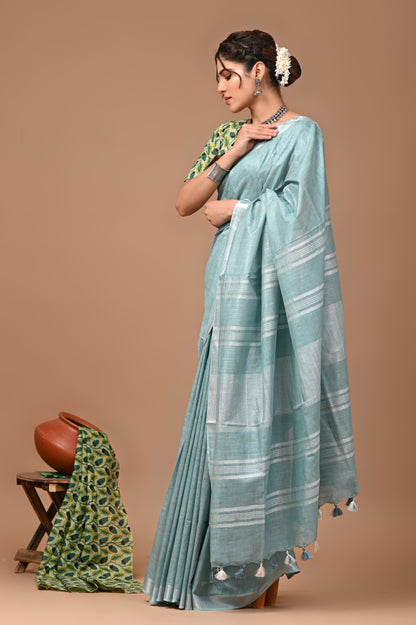 Light Blue Colour Pure Plain Linen Cotton Saree With Ajrakh Blockprinted Cotton Blouse