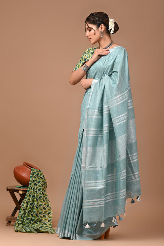 Light Blue Colour Pure Plain Linen Cotton Saree With Ajrakh Blockprinted Cotton Blouse