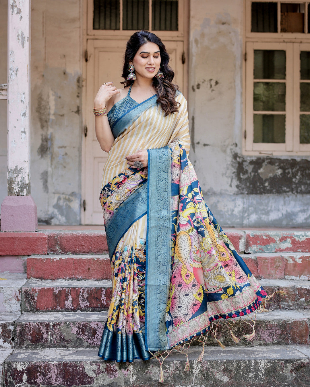 Multi Kalamkari Digital Printed Tussar Silk Saree With Zari Motif Border