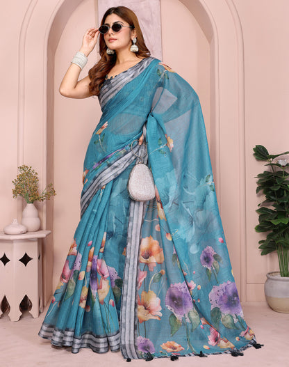 Blue Linen Cotton Saree With Digital Printed Work And Silver Zari Border