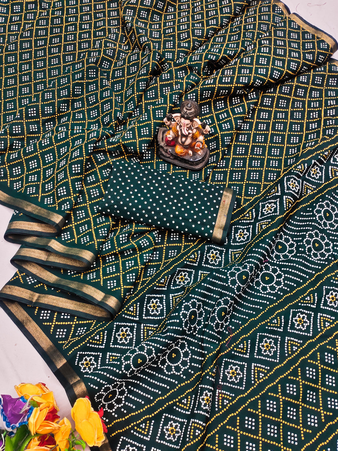 Green Bandhej Printed Soft Cotton Saree With Zari Border