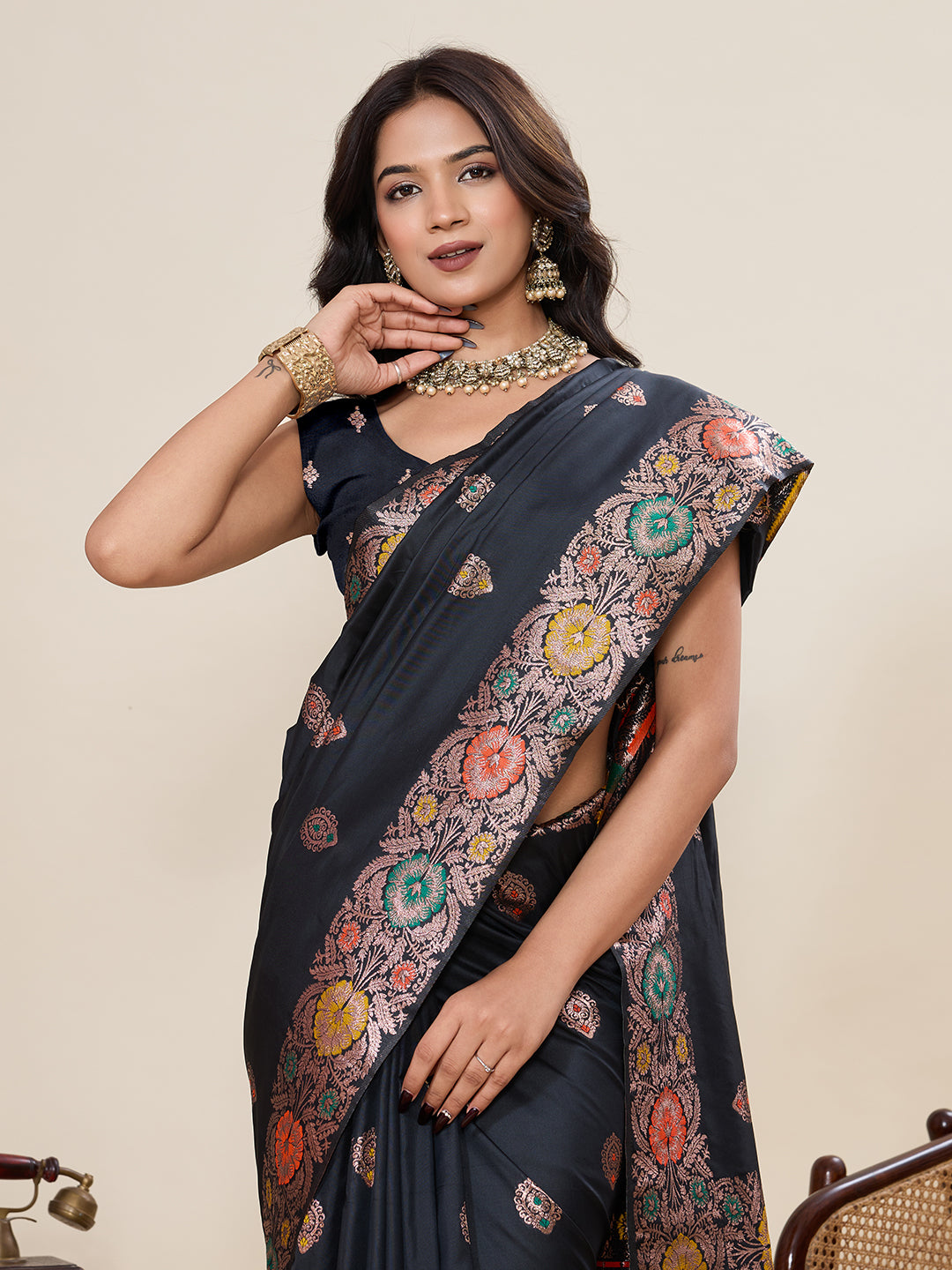 Traditional Black Color Jacquard Silk Saree With Zari Work