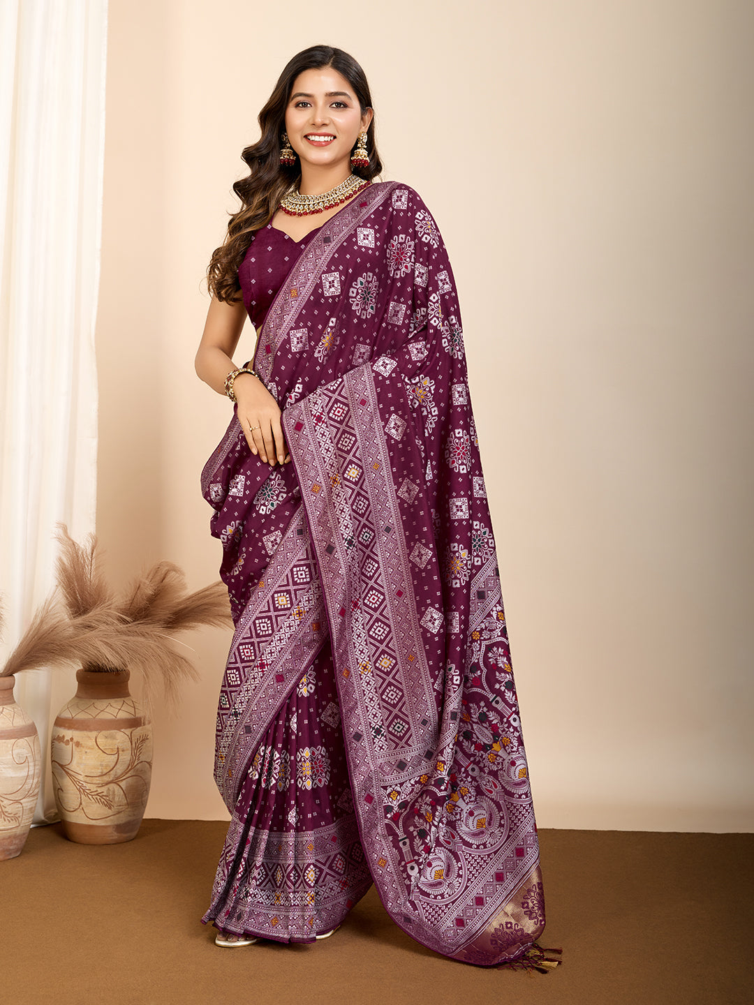 Wine Traditional Muslin Dola Silk Saree With Meenakari Zari Weaving Work