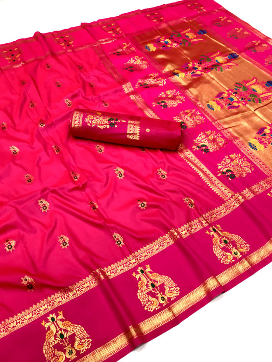 Rani Pink Paithani Silk Saree With Meenakari Zari Weaving Work