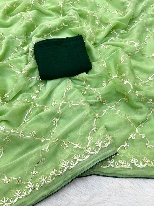 Pista Green Hand Work Viscose Silk Saree