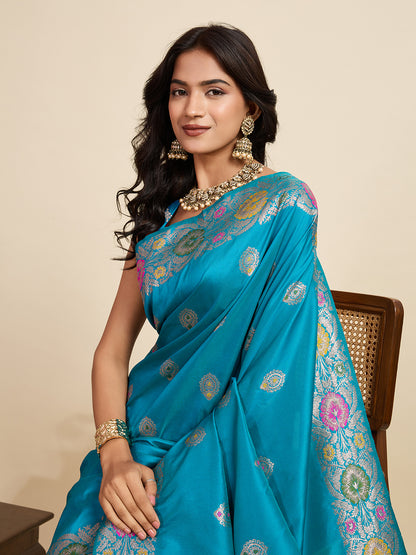 Traditional Firoji Color Jacquard Silk Saree With Zari Work
