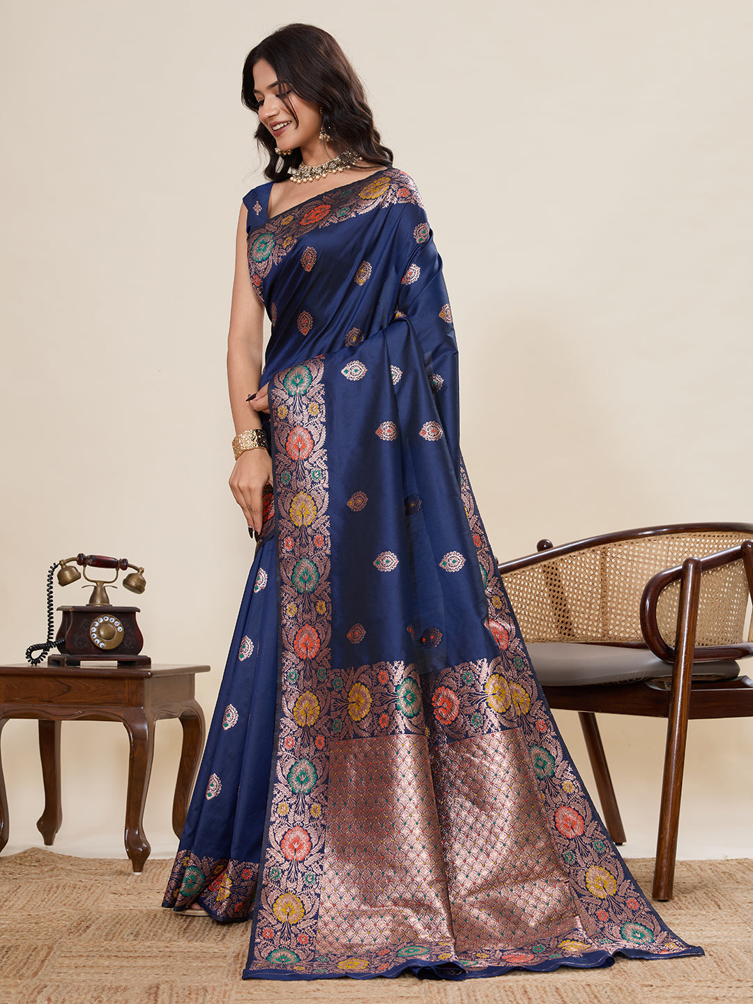 Traditional Navy Blue Color Jacquard Silk Saree With Zari Work