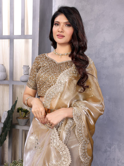 Beige Fancy Shimmer Chiffon Saree With Embroidery Work