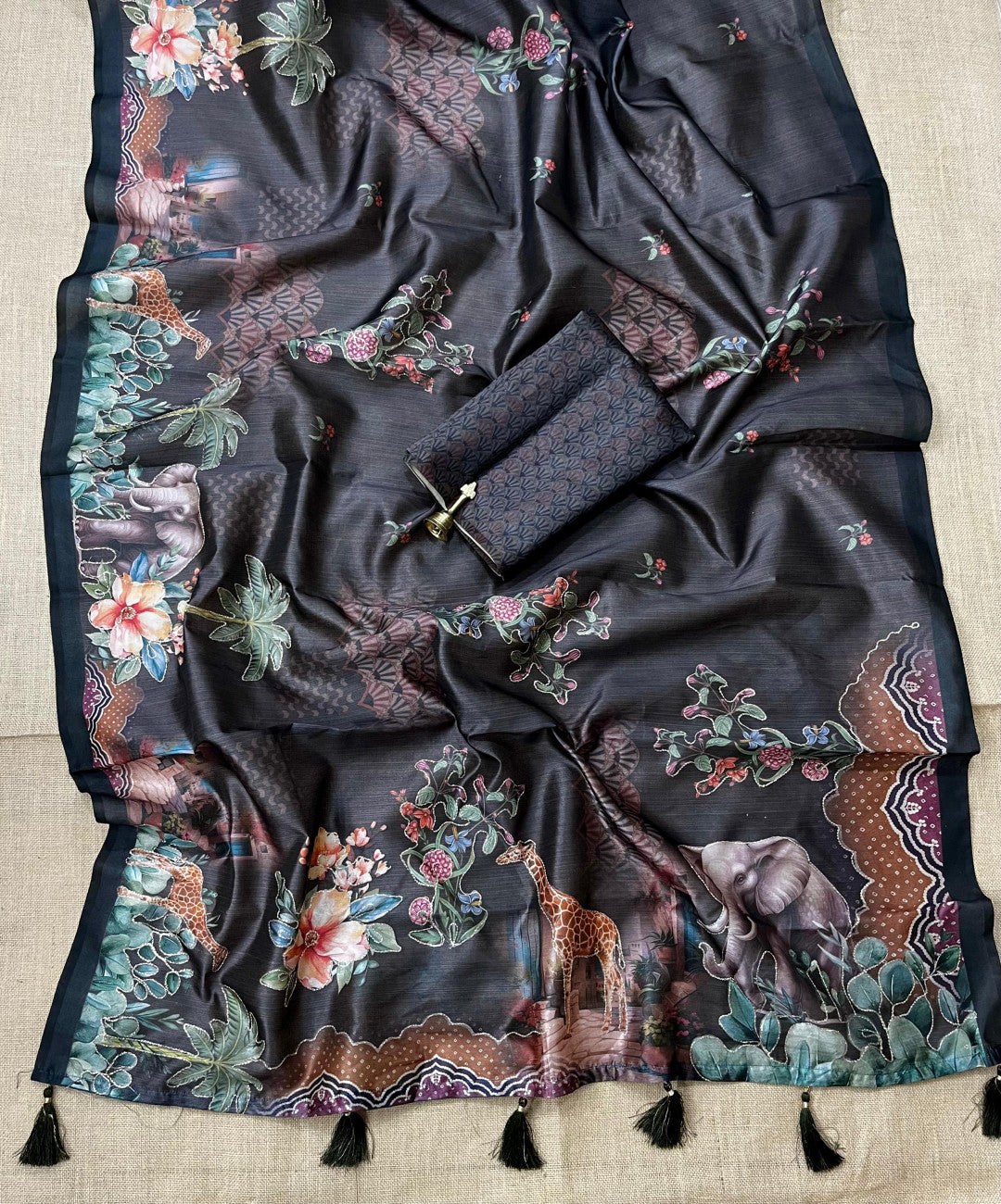 Brown Kalamkari Printed Premium Tussar Silk Saree