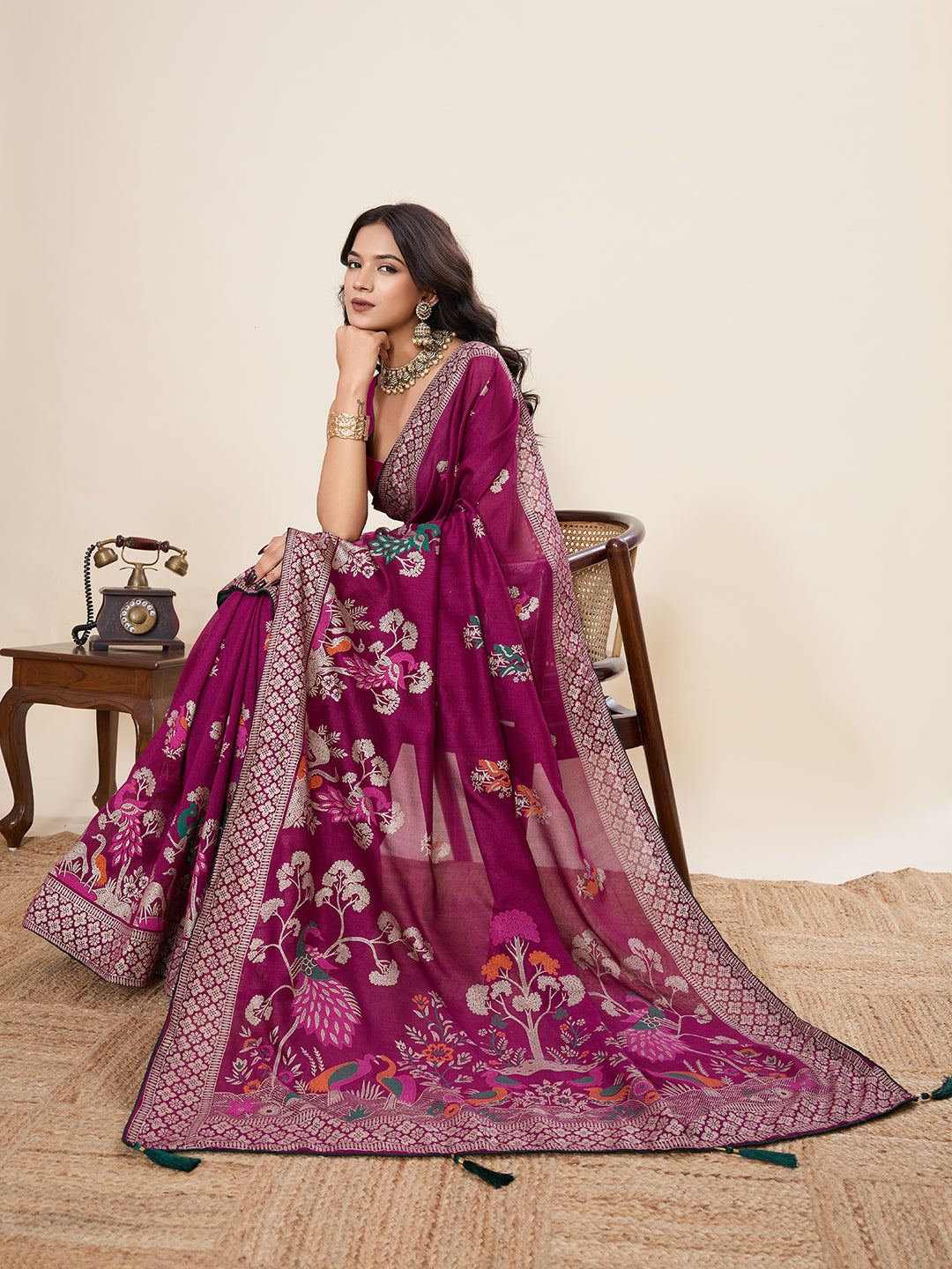 Wine Cotton Saree With Table Printed And Foil Work With Pipeing Border
