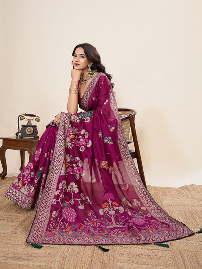 Wine Cotton Saree With Table Printed And Foil Work With Pipeing Border