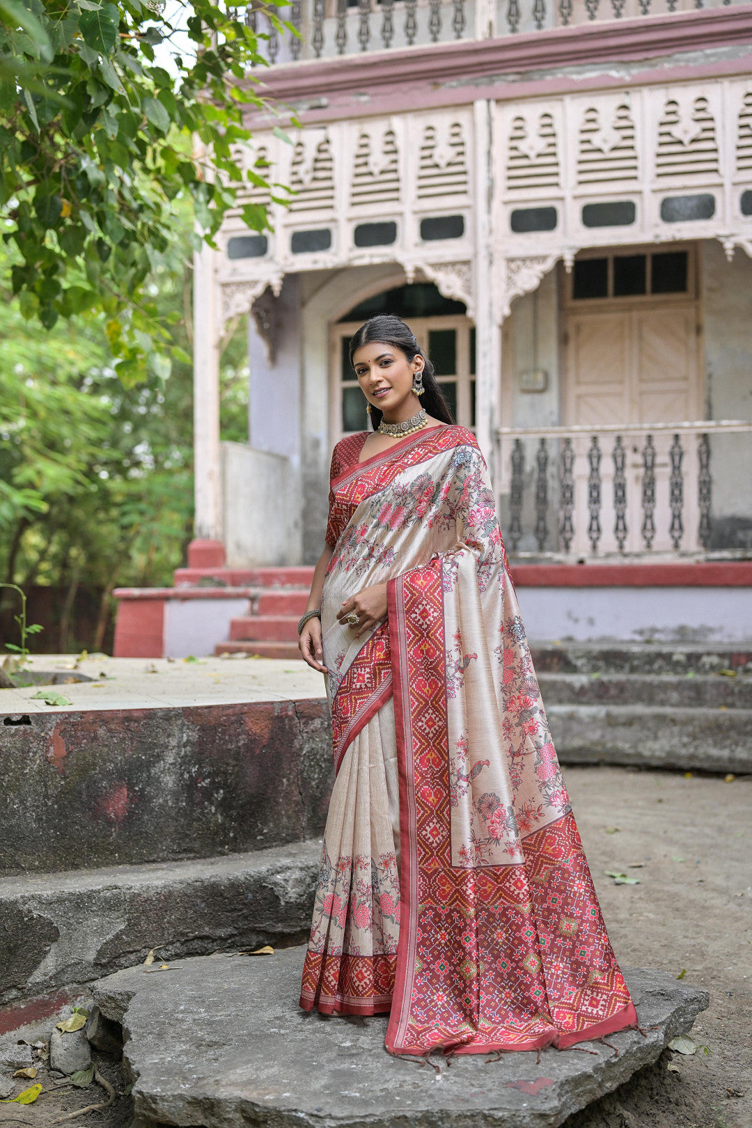 Brown Color Soft Tussar Silk Saree With Patola Printed Work