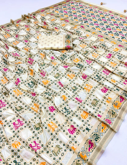 Off White Traditional Patola Silk Saree With Meenakari Zari Weaving Work