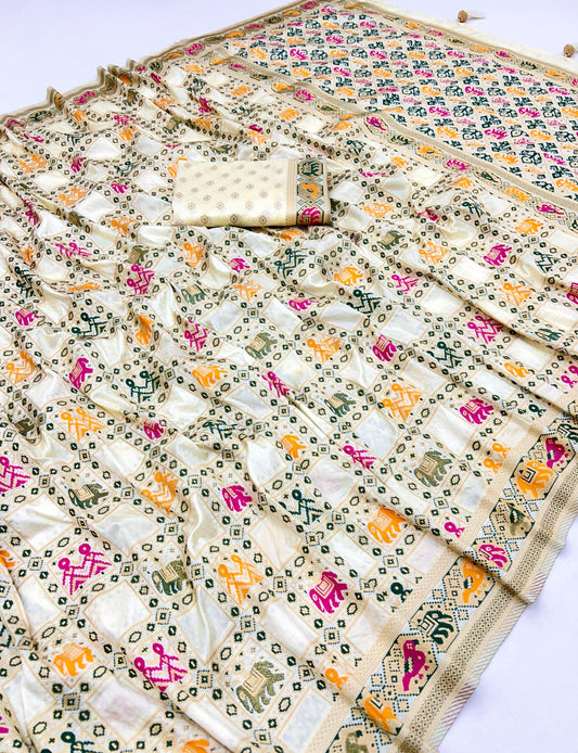 Off White Traditional Patola Silk Saree With Meenakari Zari Weaving Work