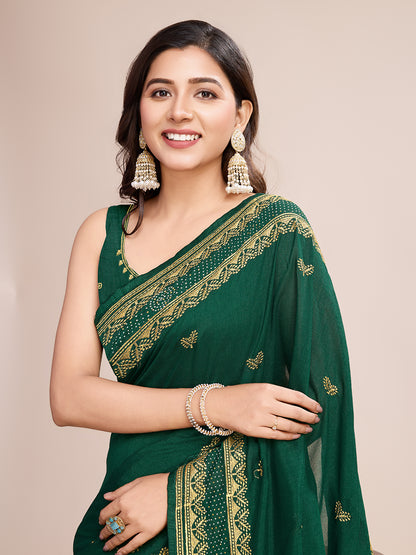 Fancy Green Soft Vichitra Silk Saree With Embroidery Work