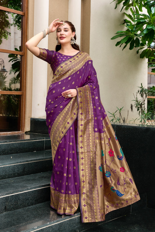 Traditional Magenta Paithani Silk Saree With Zari Weaving Work