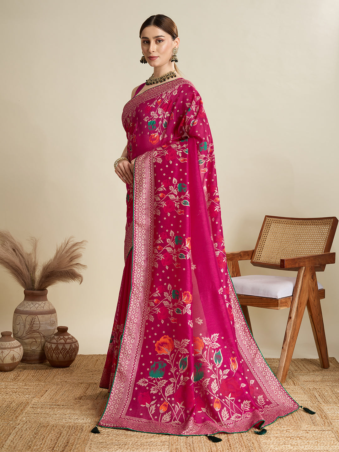 Pink Cotton Saree With Table Printed And Foil Work With Pipeing Border