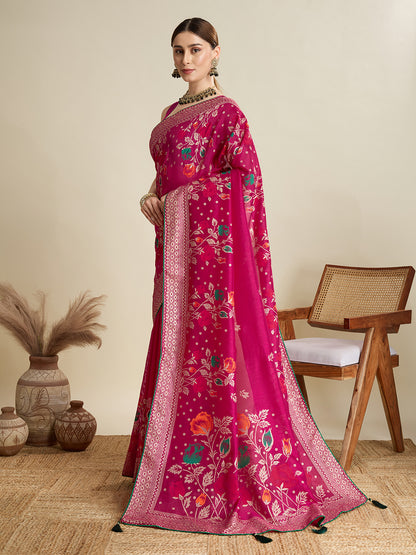 Pink Cotton Saree With Table Printed And Foil Work With Pipeing Border