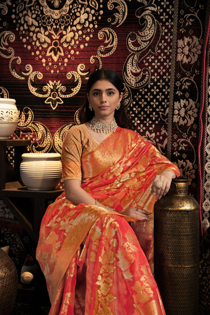 Red Jimmy Choo Saree With Weaving Work