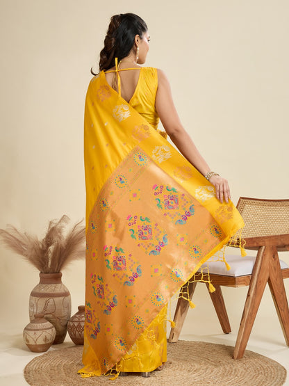 Yellow Kanjivaram Silk Saree With Zari Weaving Butta Border & Designer Rich Paithani Pallu