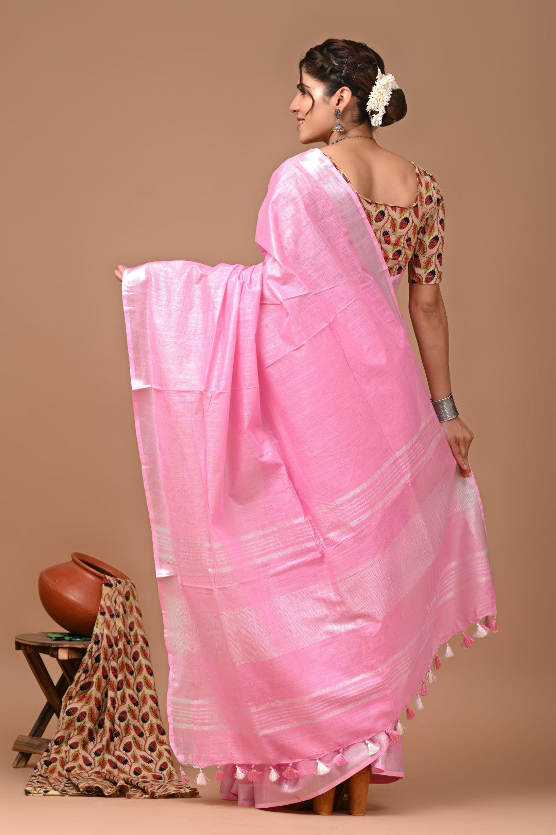 Baby Pink Colour Pure Plain Linen Cotton Saree With Ajrakh Blockprinted Cotton Blouse