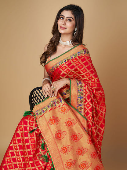 Red Color Patola Silk Saree With Zari Weaving Work
